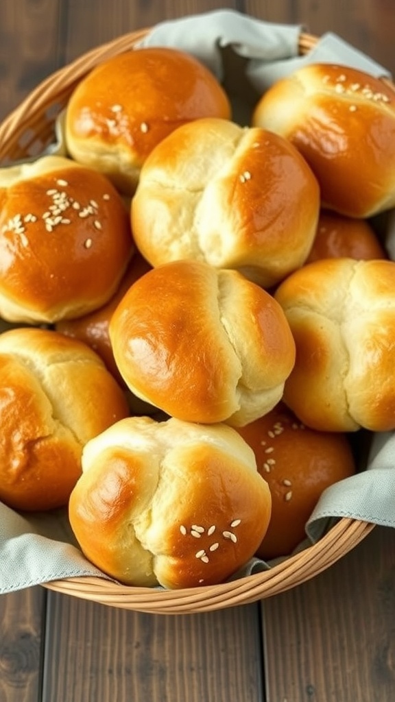 Freshly baked gluten-free bread rolls in a basket, golden brown and topped with sesame seeds.